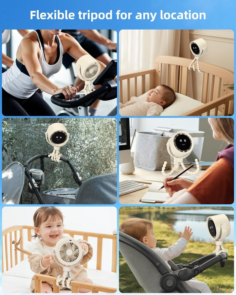 Akejrym Stroller Fan Portable, Personal Fan for Travel, Digital display, Detachable 5 Speeds Rechargeable 360° Rotate Flexible Tripod Fan, For Home Office Stroller Camping - Rice White - Image 5